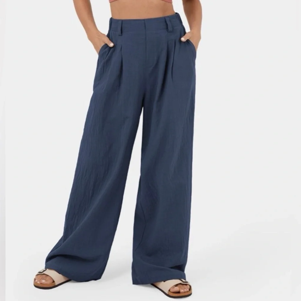 Halara High Waisted Plicated Side Pocket Wide Leg Flowy Palazzo Cotton Pants - Picture 1 of 8